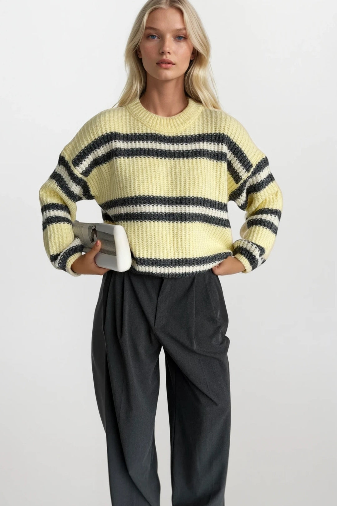 Çizgili Bisiklet Yaka Sarı Triko Kazak