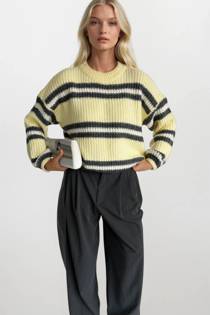 Çizgili Bisiklet Yaka Sarı Triko Kazak