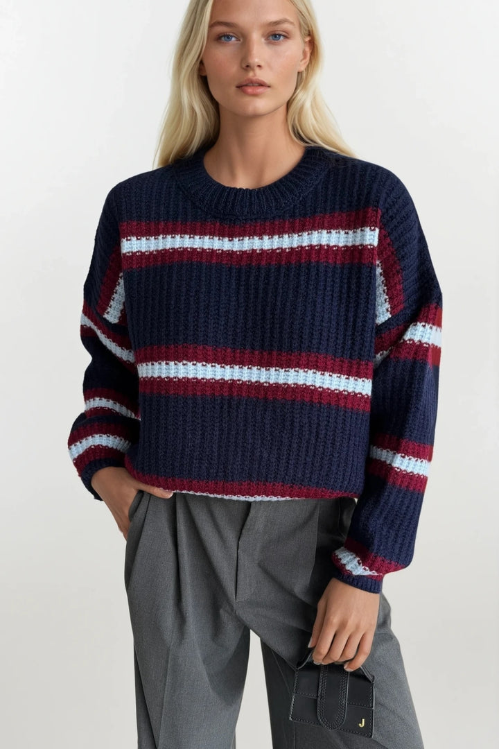 Çizgili Bisiklet Yaka Lacivert Triko Kazak