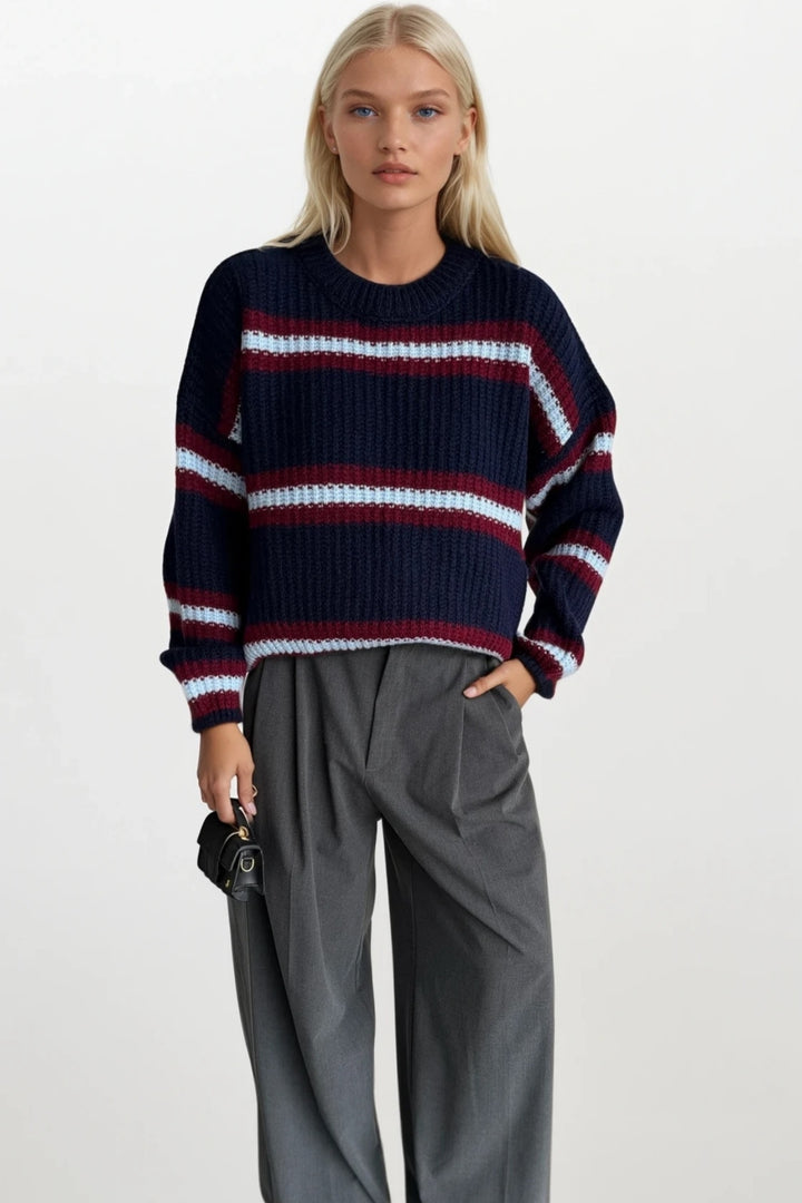 Çizgili Bisiklet Yaka Lacivert Triko Kazak