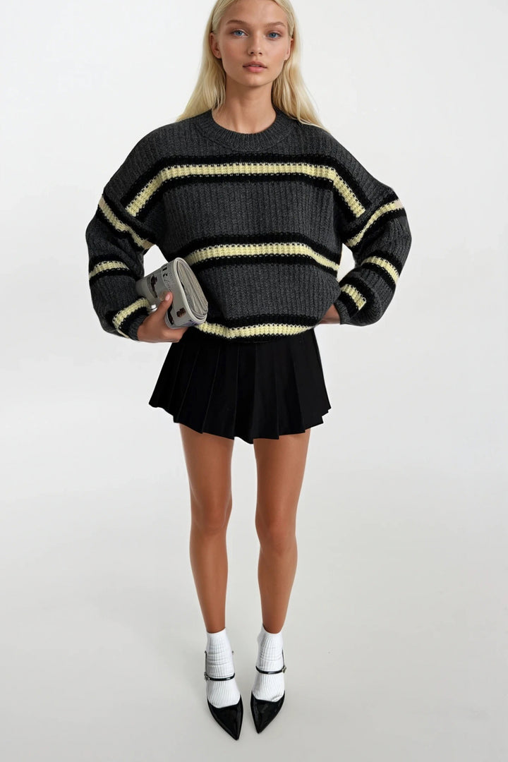 Çizgili Bisiklet Yaka Antrasit Triko Kazak