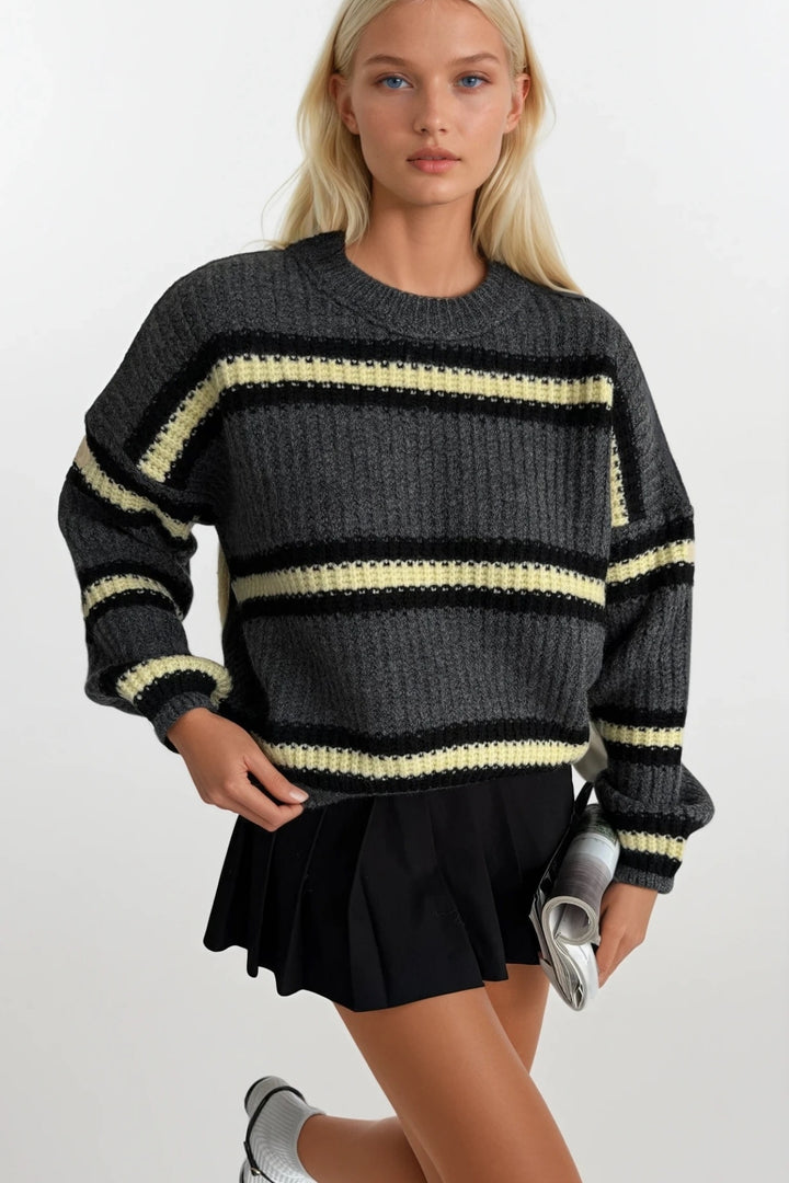 Çizgili Bisiklet Yaka Antrasit Triko Kazak