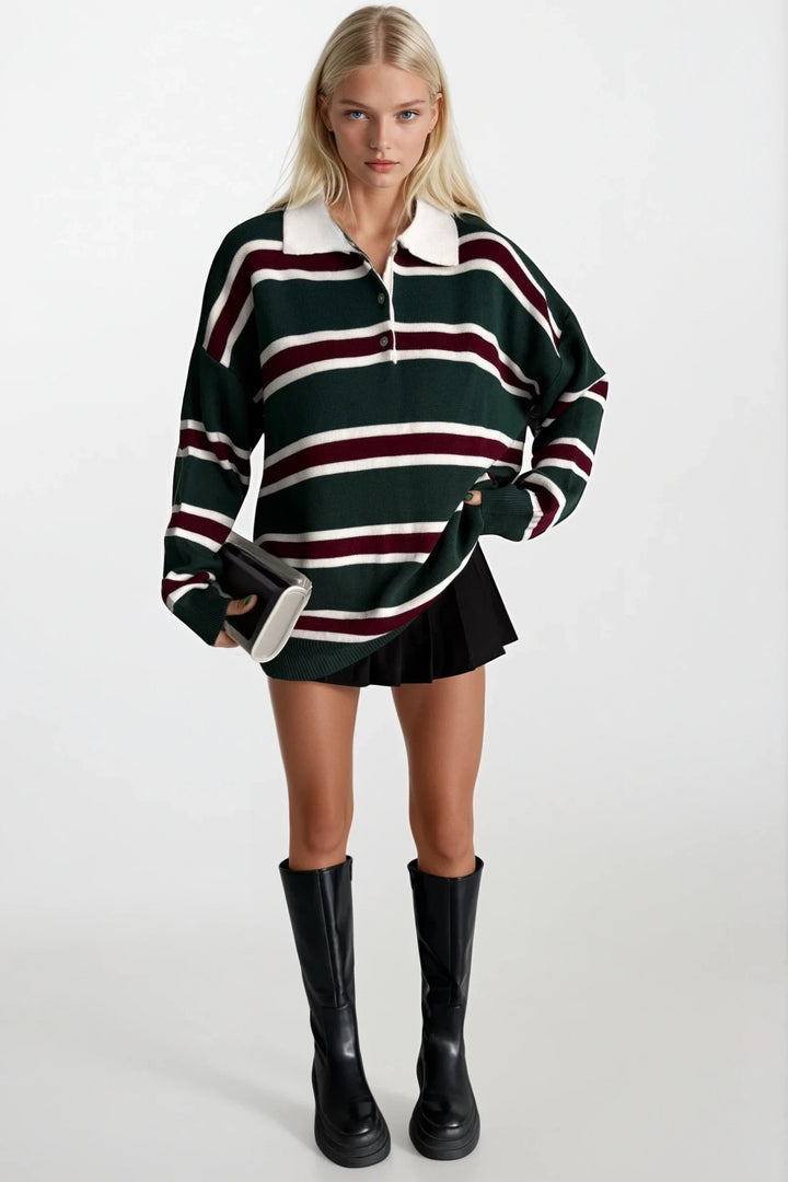 Çizgili Düğmeli Polo Yaka Yeşil Triko Bluz