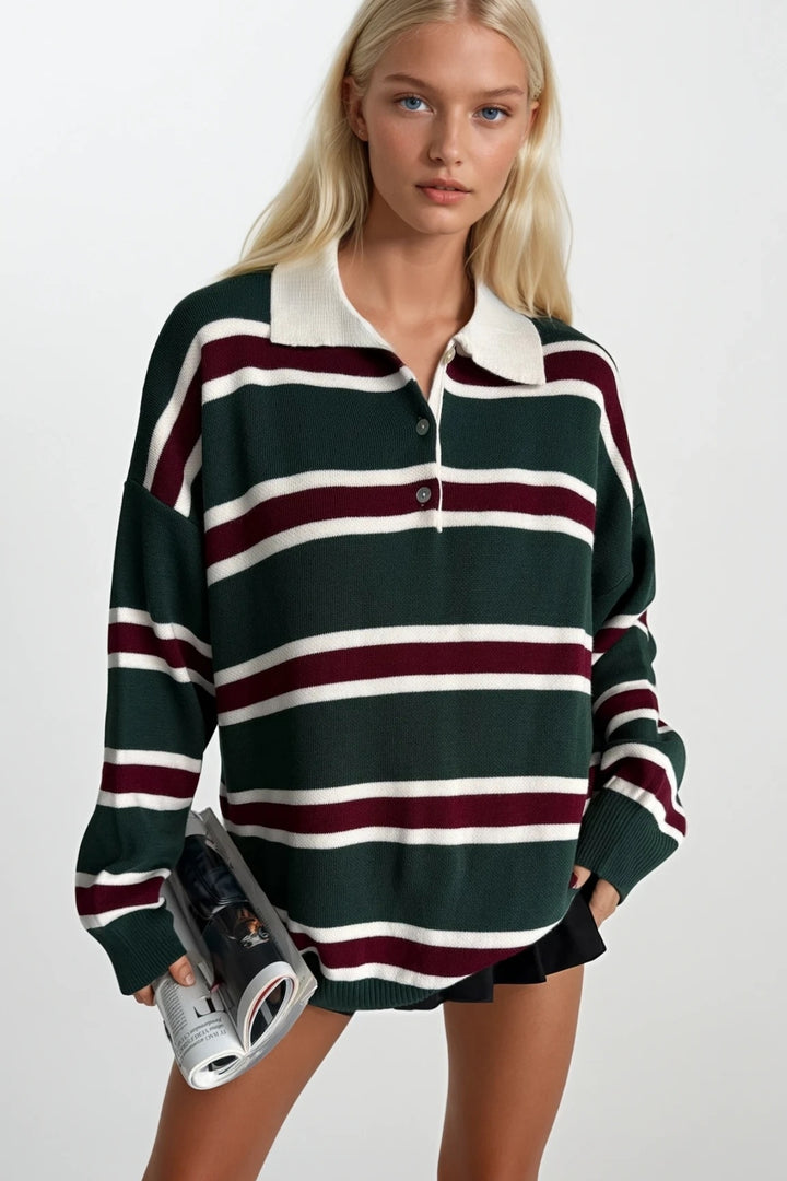 Çizgili Düğmeli Polo Yaka Yeşil Triko Bluz