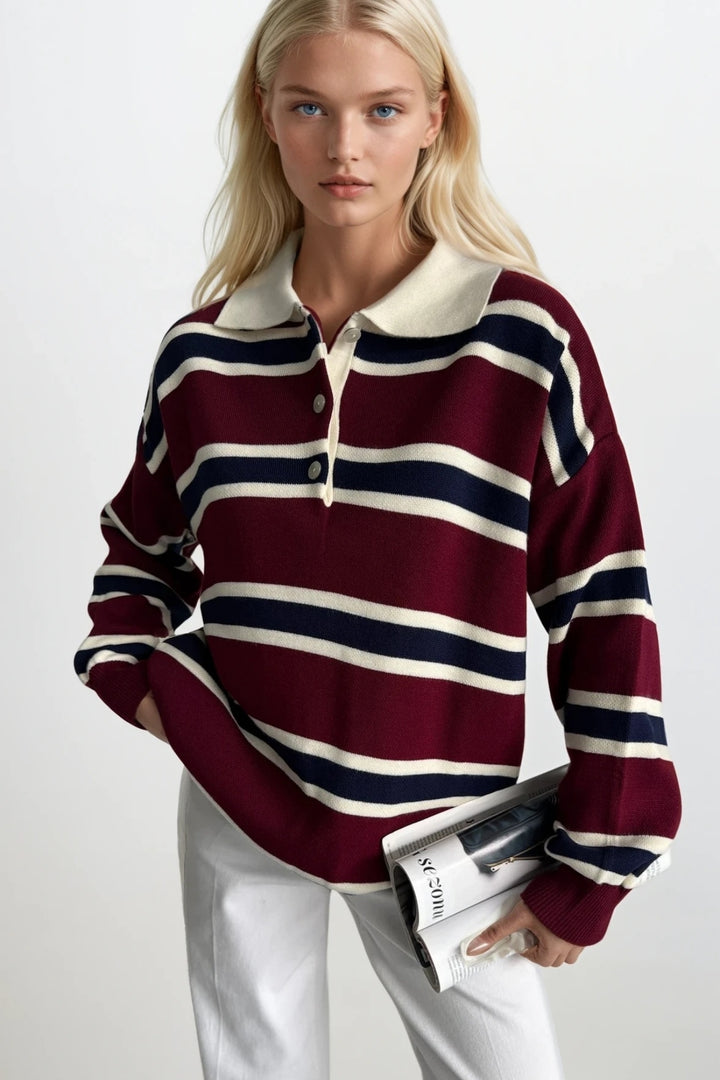 Çizgili Düğmeli Polo Yaka Bordo Triko Bluz