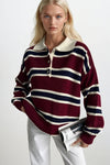 Çizgili Düğmeli Polo Yaka Bordo Triko Bluz