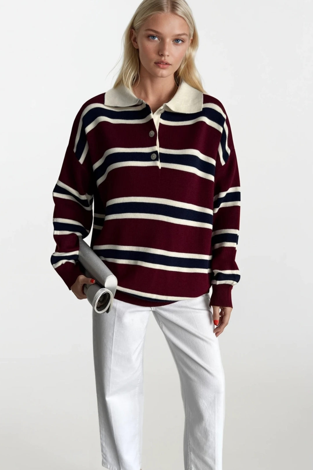 Çizgili Düğmeli Polo Yaka Bordo Triko Bluz