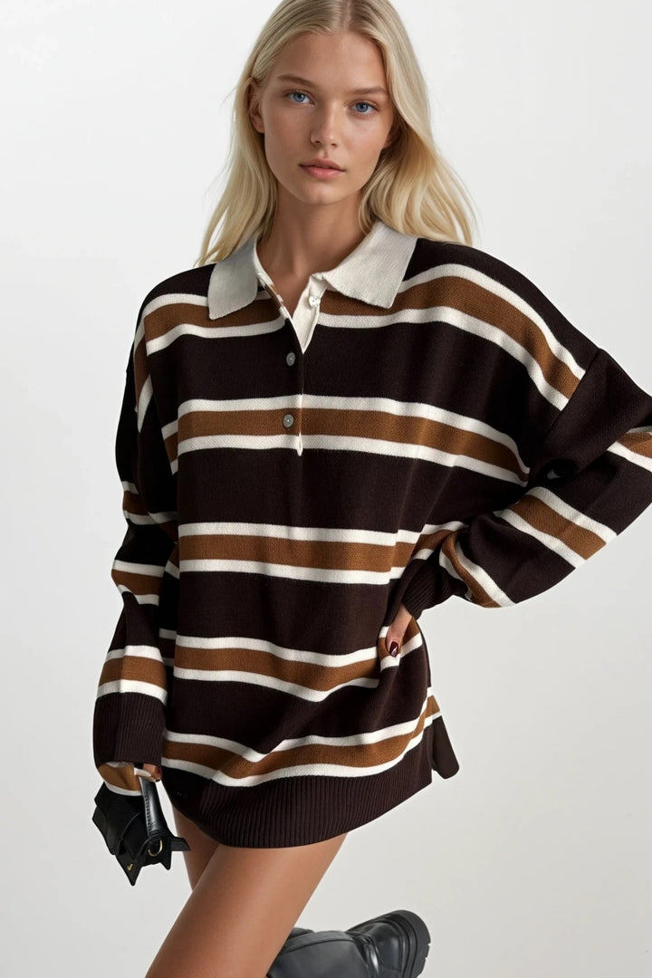 Çizgili Düğmeli Polo Yaka Bej Triko Bluz
