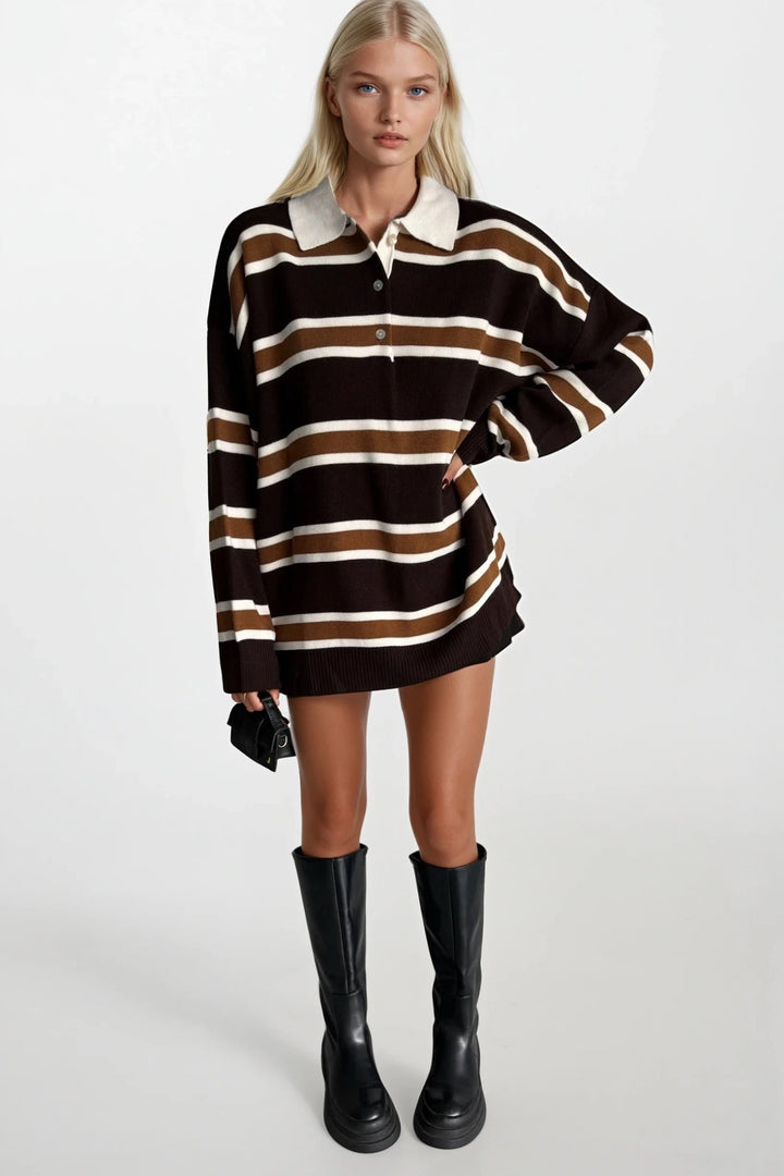 Çizgili Düğmeli Polo Yaka Bej Triko Bluz