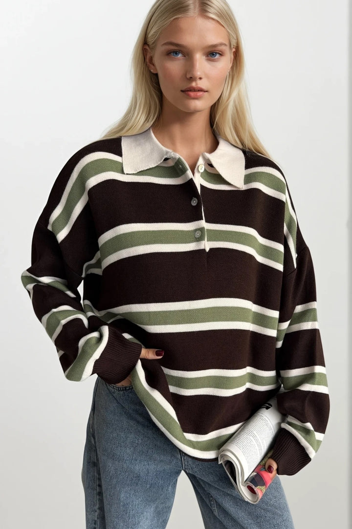 Çizgili Düğmeli Polo Yaka Kahverengi Triko Bluz
