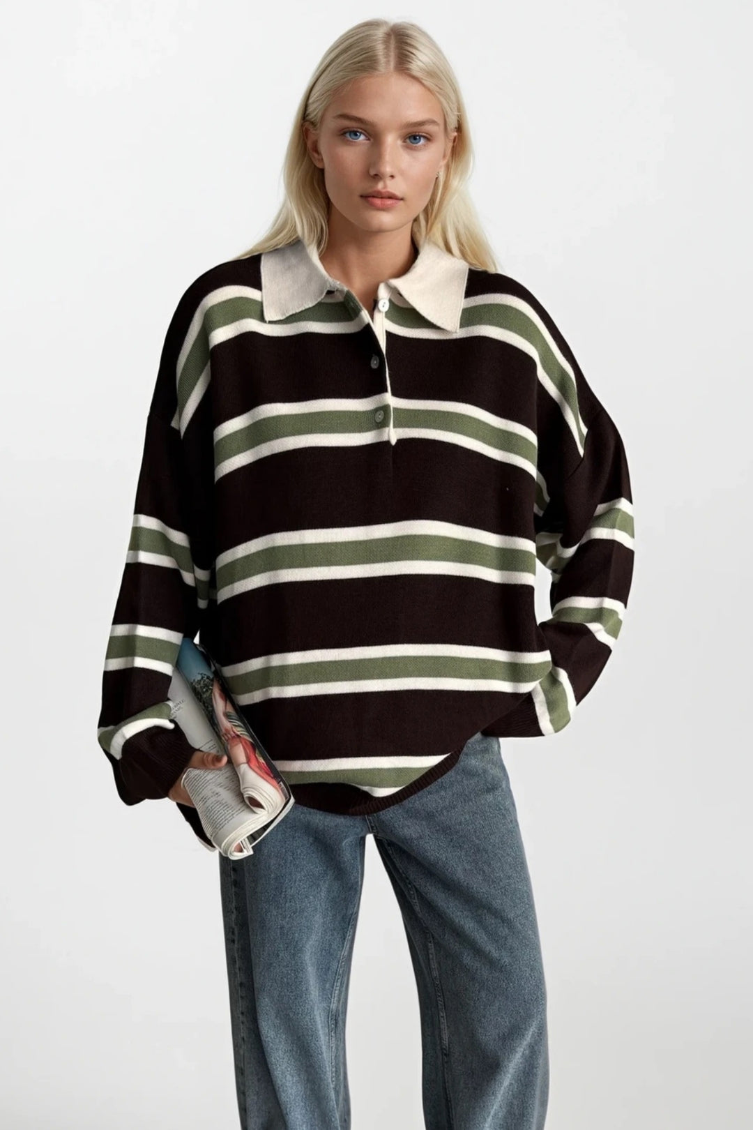 Çizgili Düğmeli Polo Yaka Kahverengi Triko Bluz