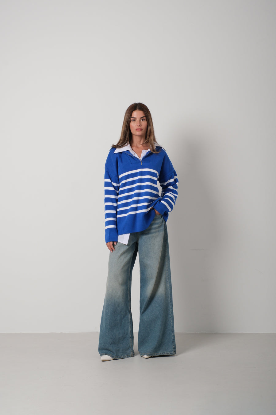 Striped Zippered Saxe Knitwear Sweater 