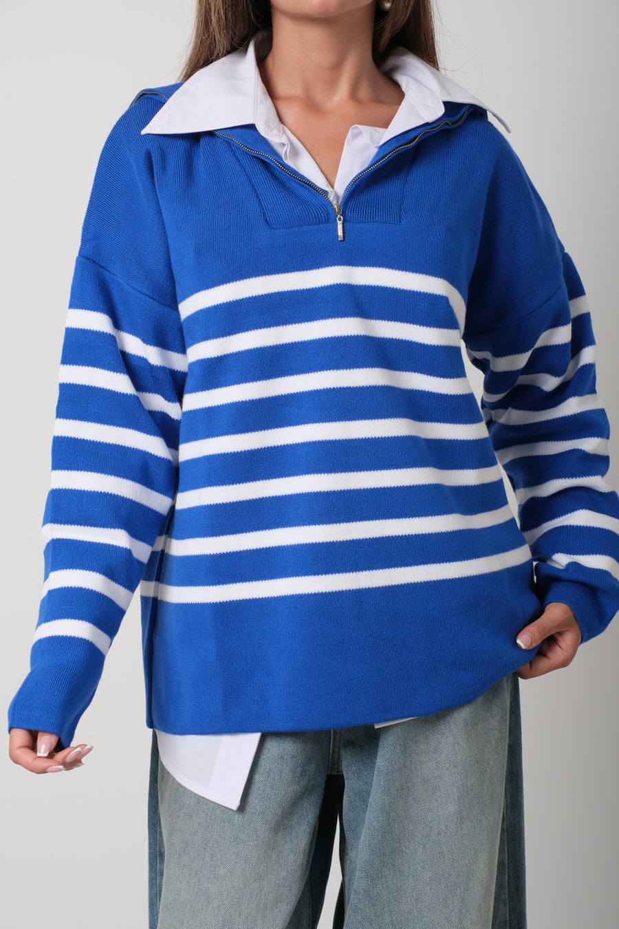 Striped Zippered Saxe Knitwear Sweater 