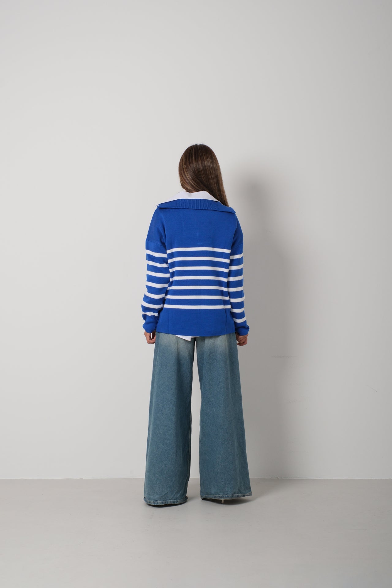 Striped Zippered Saxe Knitwear Sweater 