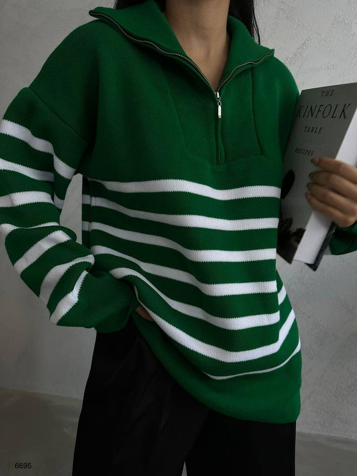 Çizgili Fermuarlı Yeşil Triko Kazak