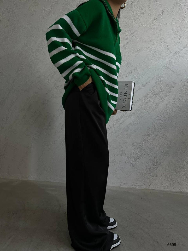 Çizgili Fermuarlı Yeşil Triko Kazak