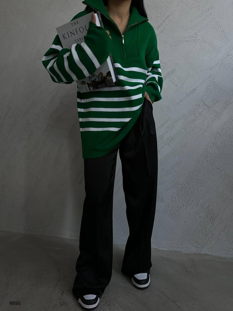 Çizgili Fermuarlı Yeşil Triko Kazak