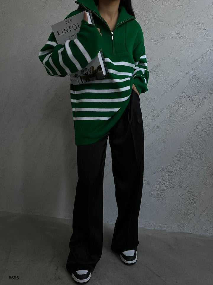 Çizgili Fermuarlı Yeşil Triko Kazak