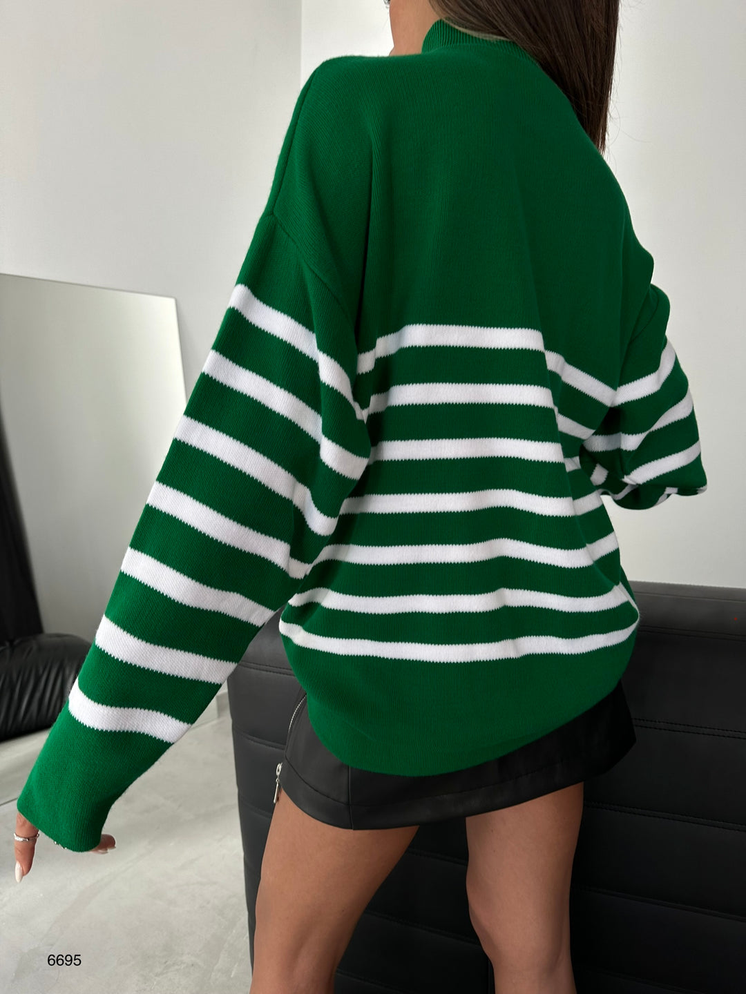 Çizgili Fermuarlı Yeşil Triko Kazak