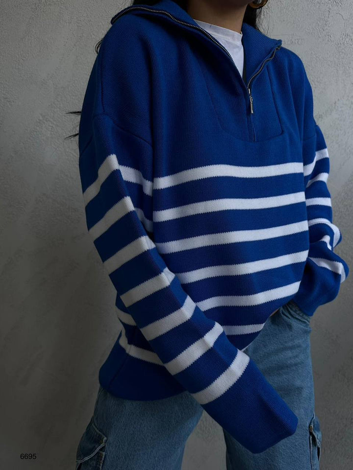 Çizgili Fermuarlı Saks Triko Kazak