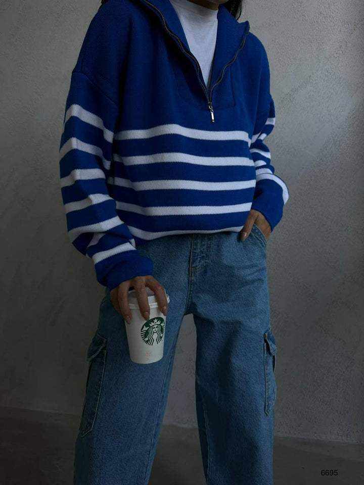 Çizgili Fermuarlı Saks Triko Kazak