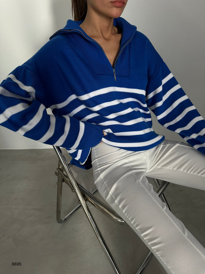 Çizgili Fermuarlı Saks Triko Kazak