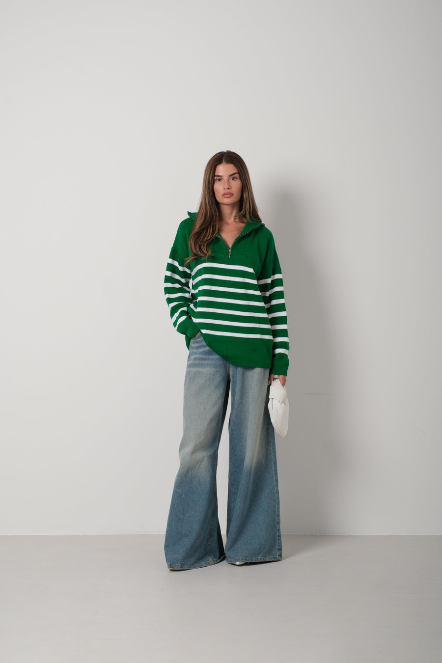 Striped Zippered Green Knit Sweater 