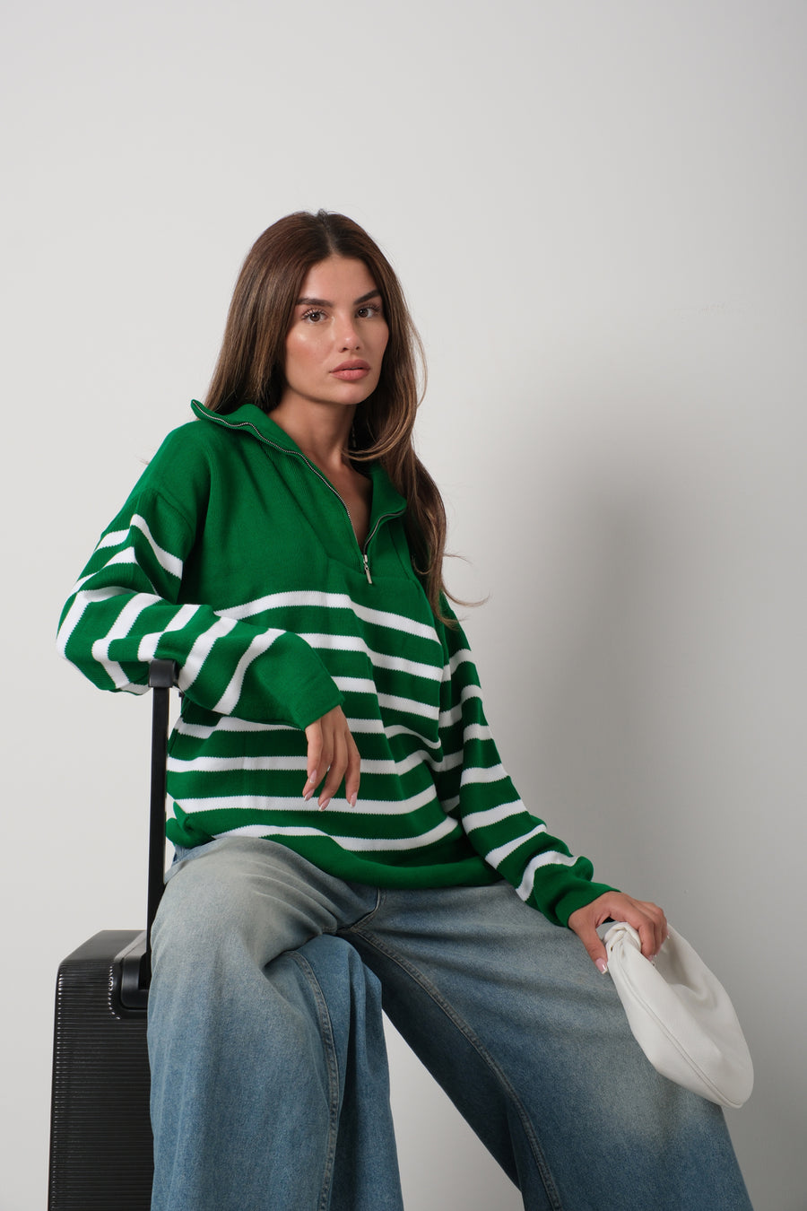 Striped Zippered Green Knit Sweater 