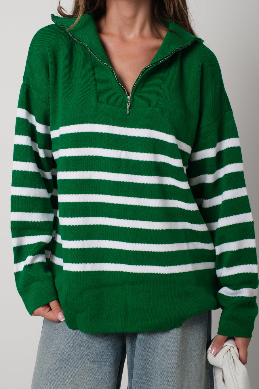 Striped Zippered Green Knit Sweater 