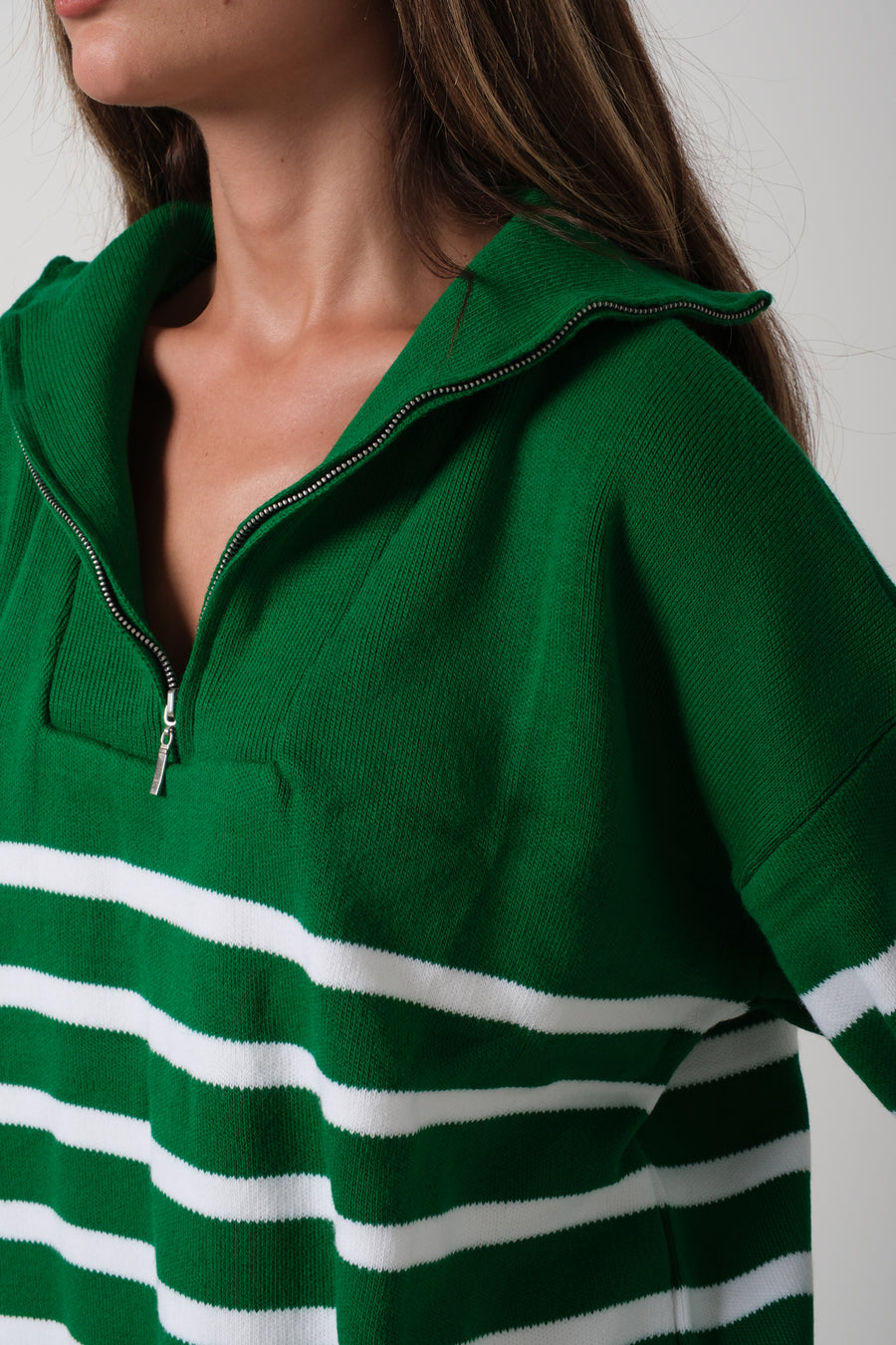 Striped Zippered Green Knit Sweater 