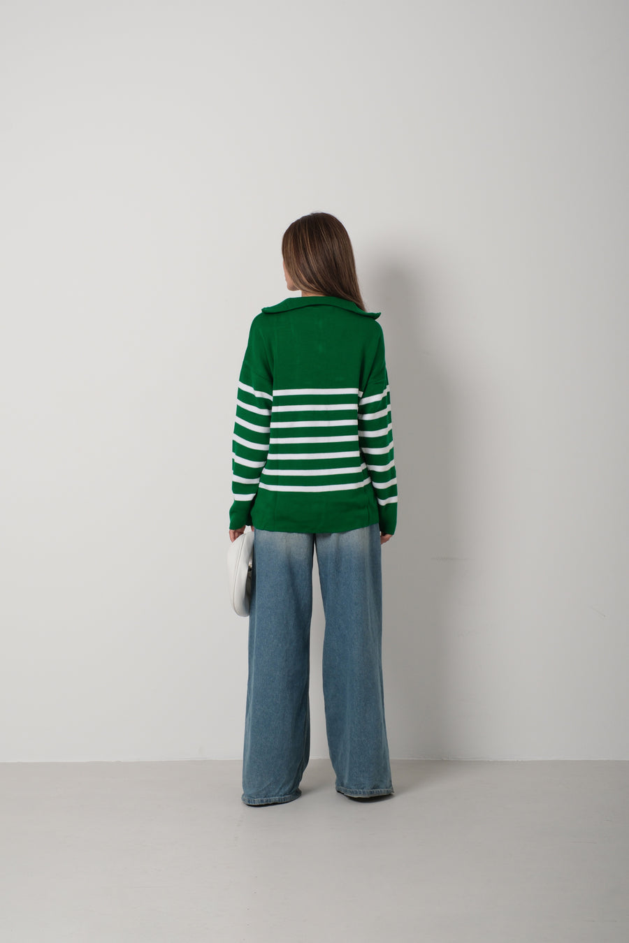 Striped Zippered Green Knit Sweater 