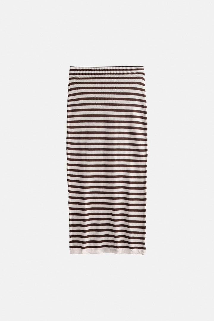 Çizgili Midi Dokulu Beyaz-Kahverengi Etek