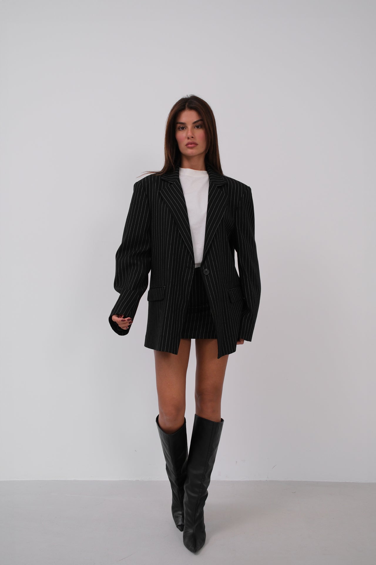 Çizgili Oversize Blazer Siyah Ceket