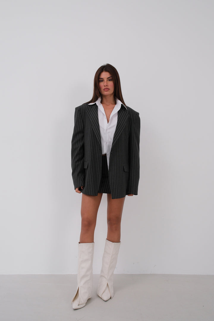 Çizgili Oversize Blazer Gri Ceket