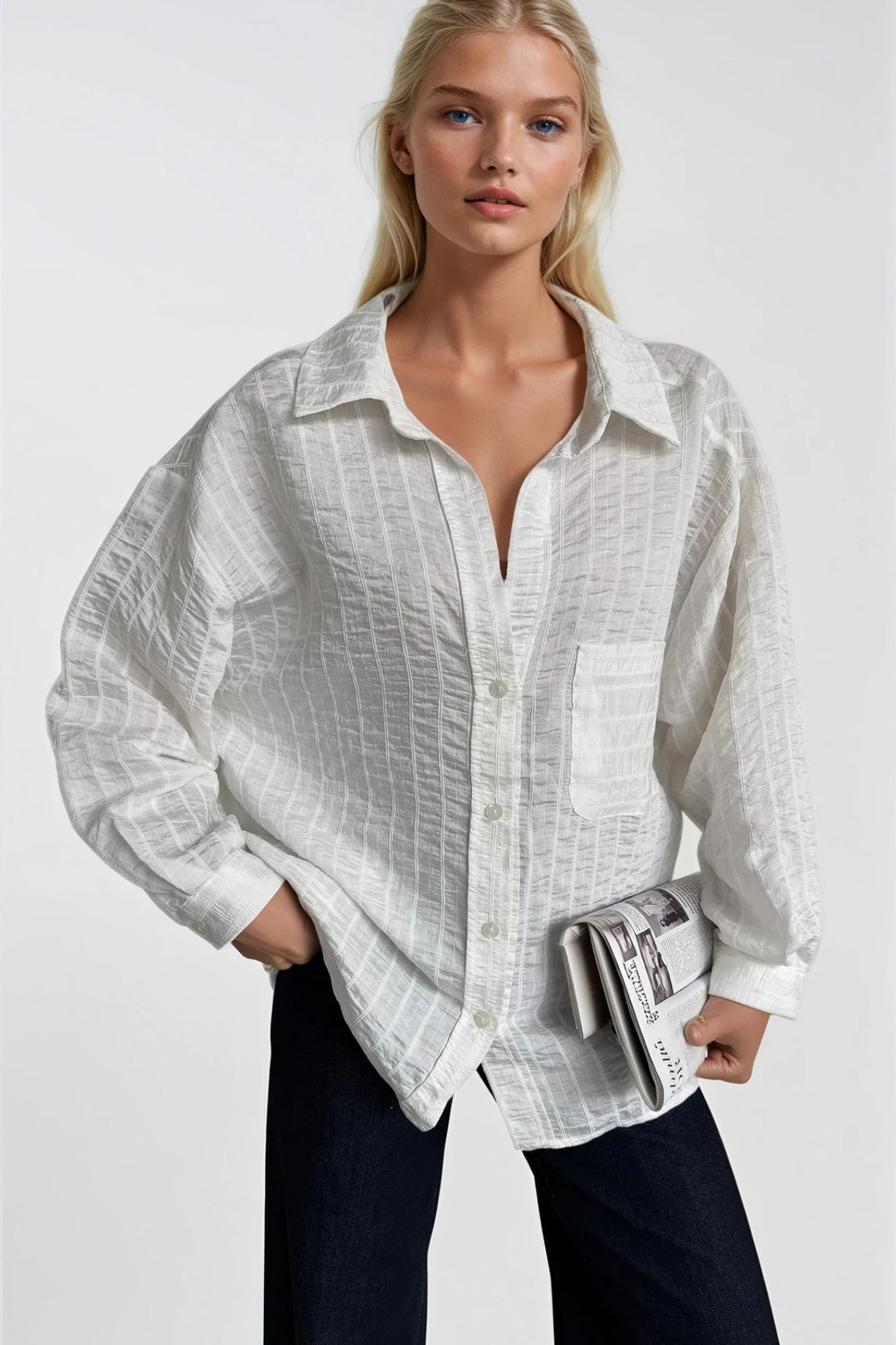 Çizgili Oversize Beyaz Modal Gömlek