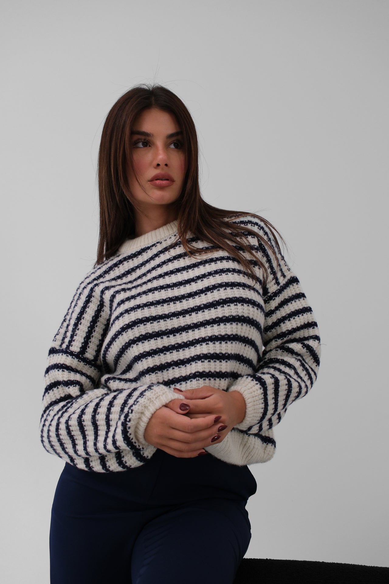 Striped Oversize White Knitted Sweater 