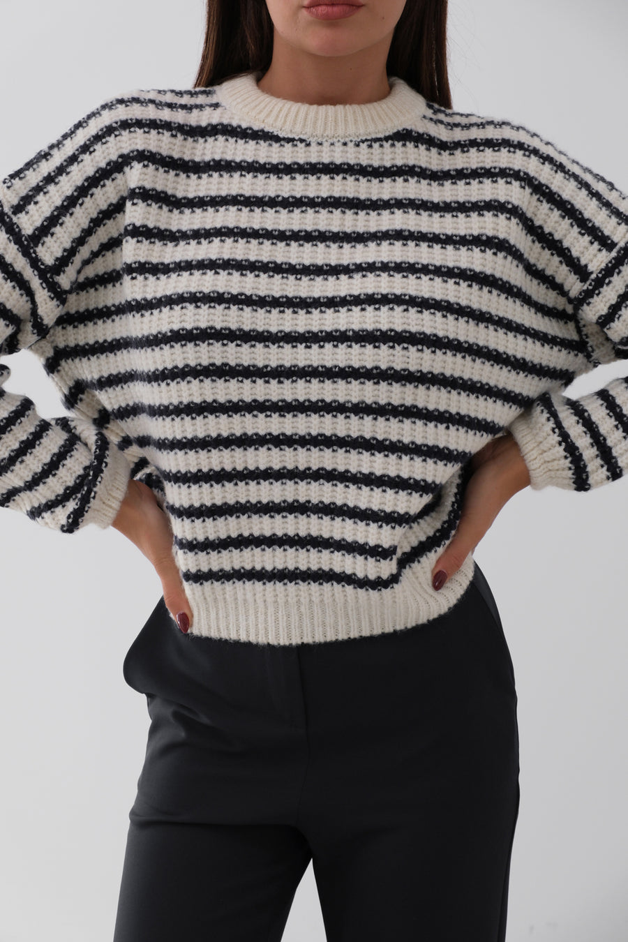 Striped Oversize White Knitted Sweater 