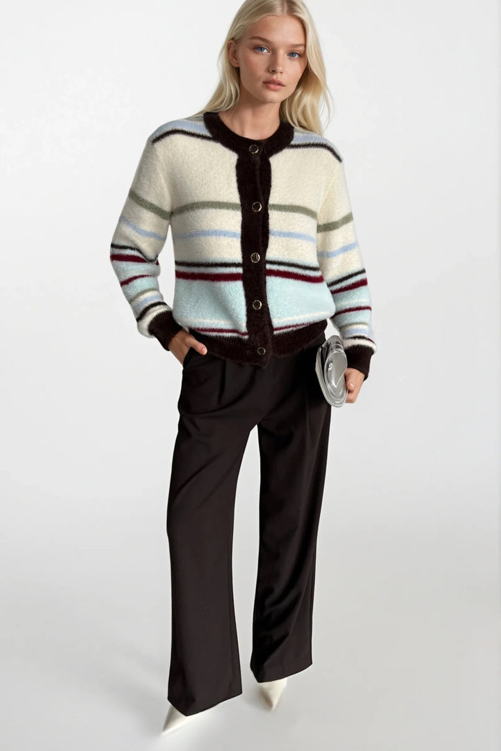 Çizgili Peluş Düğmeli Renkli Hırka