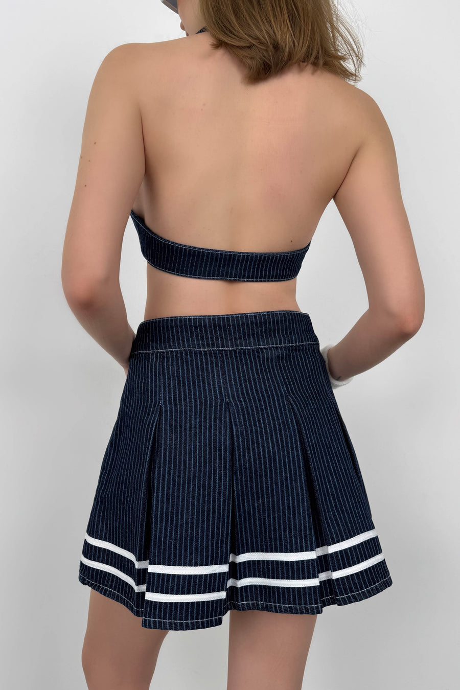 Striped Button Detail Blue Pleated Skirt 