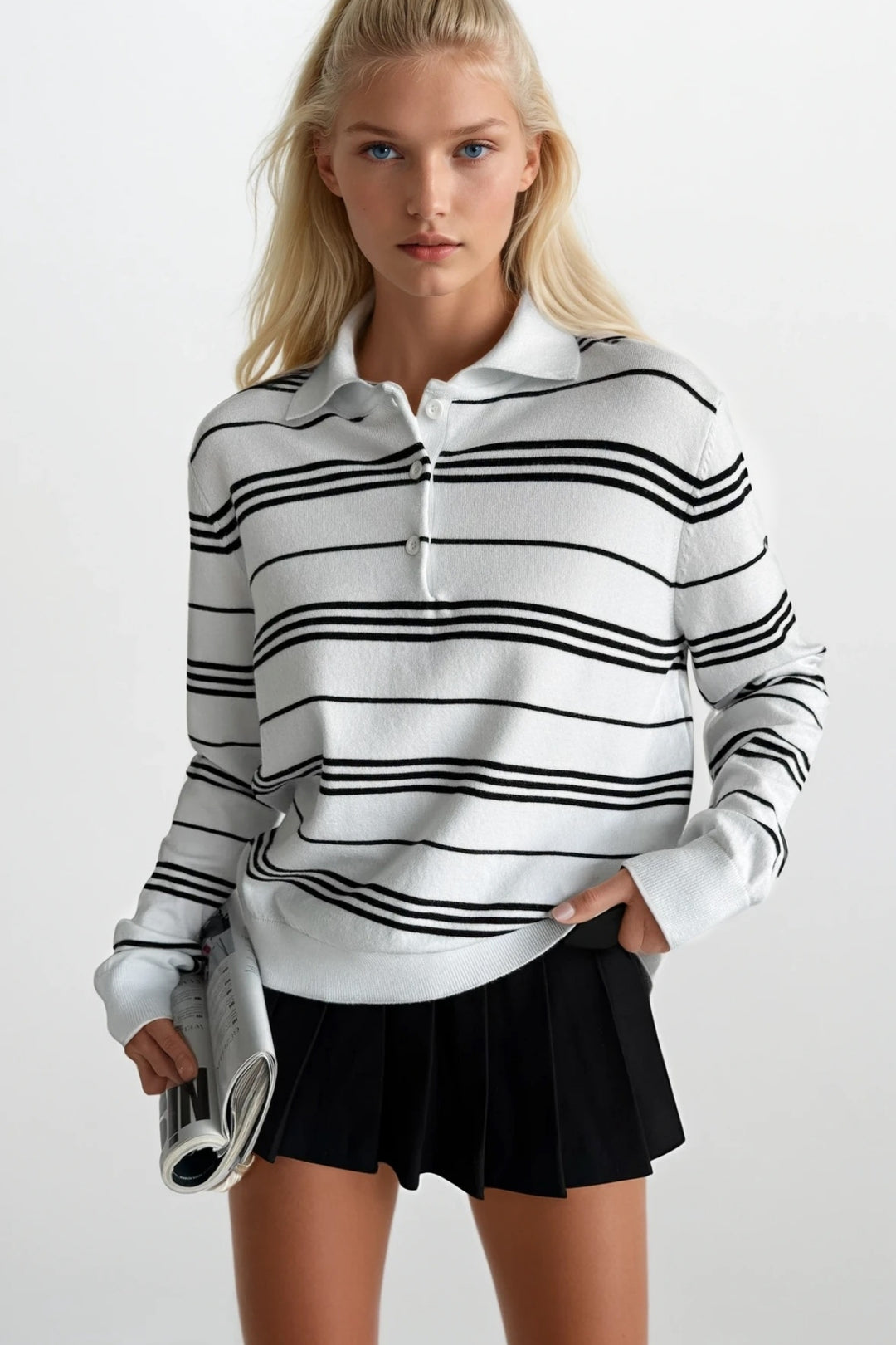 Çizgili Polo Yaka Beyaz Bluz