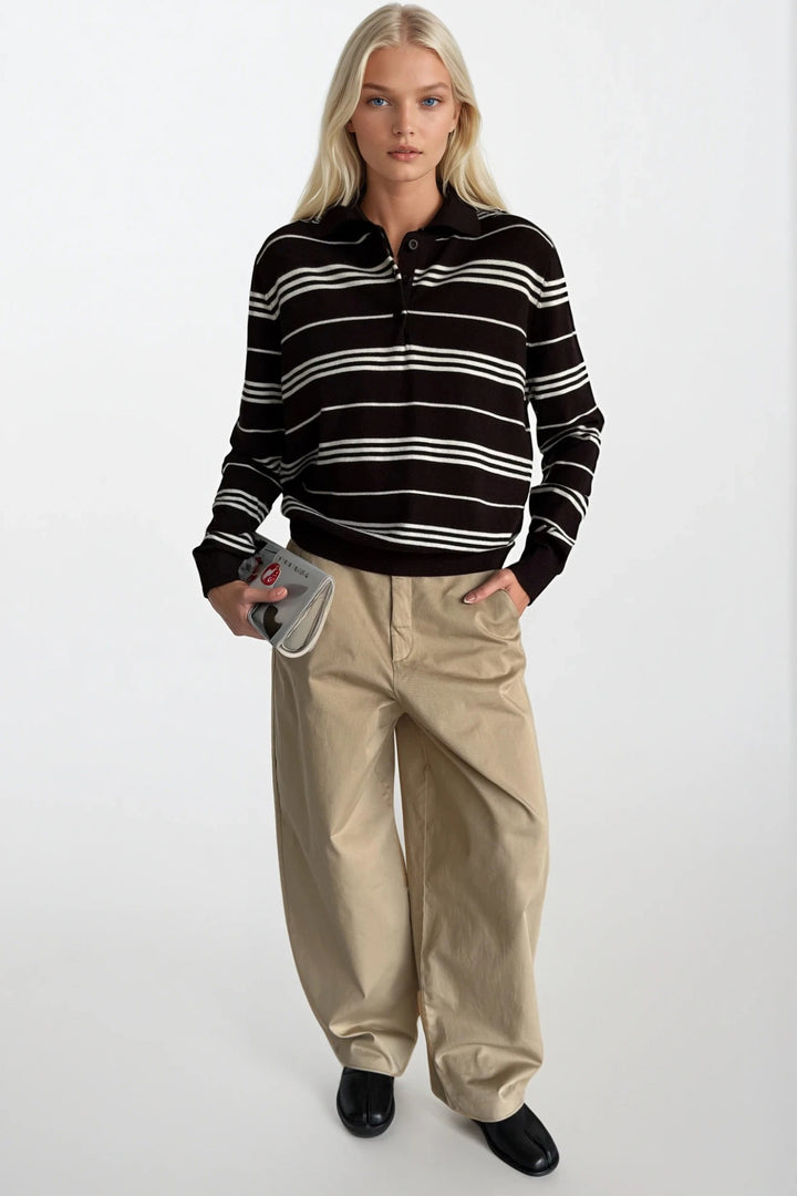 Çizgili Polo Yaka Kahverengi Bluz