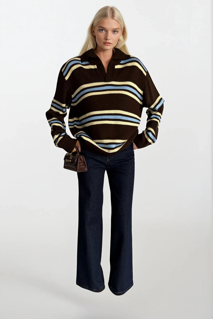 Çizgili Polo Yaka Kahverengi Triko Kazak