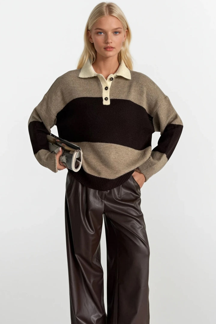 Çizgili Polo Yaka Kahverengi Yumoş Triko Hırka