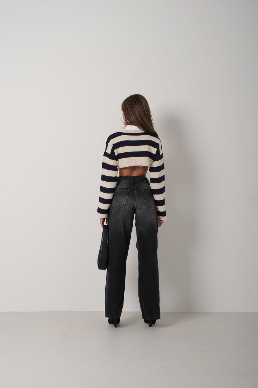 Striped Stone Navy Blue Crop Sweater 