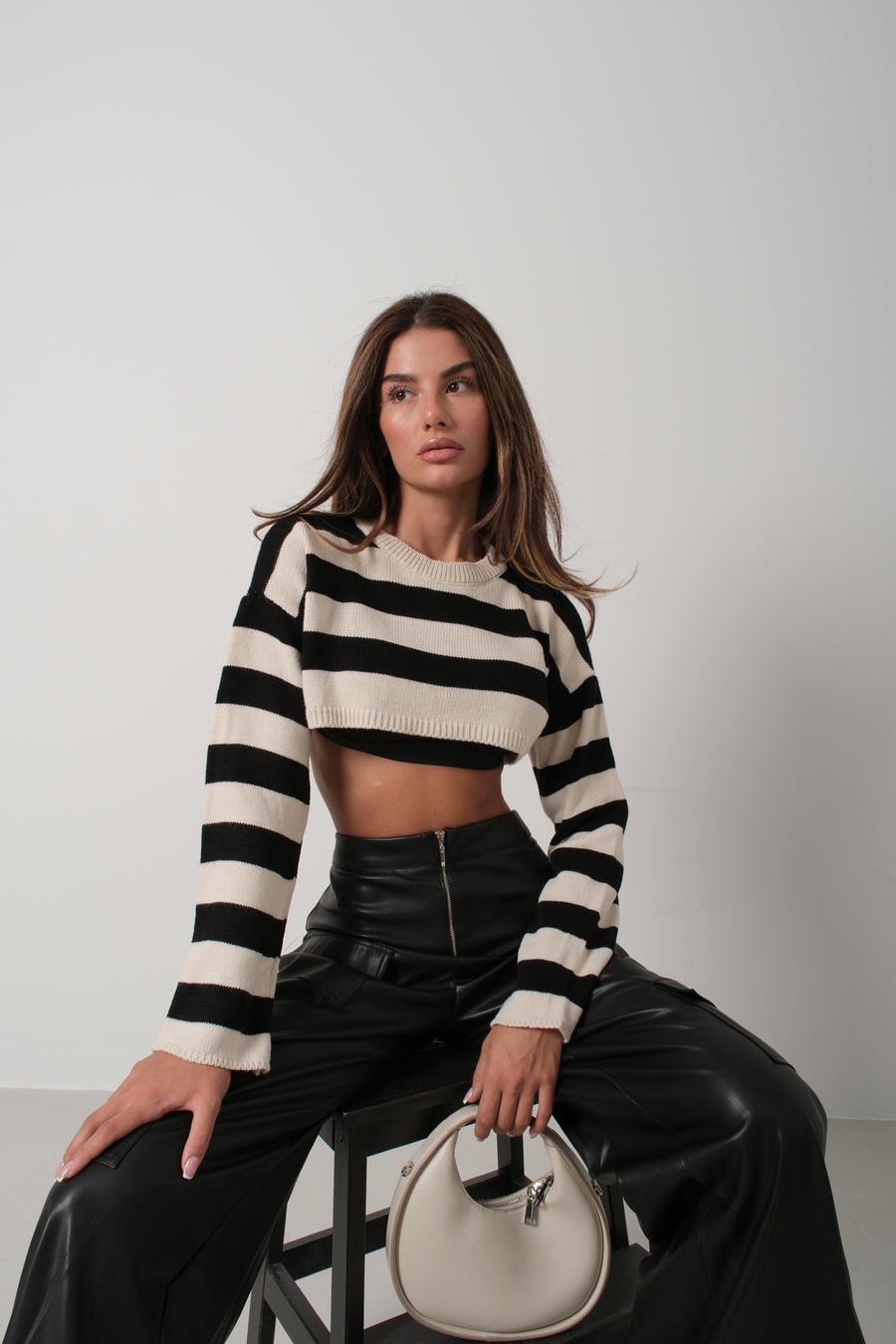 Striped Stone Black Crop Sweater 