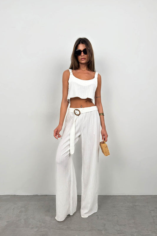 Crop Blouse Belted White Trouser Set 