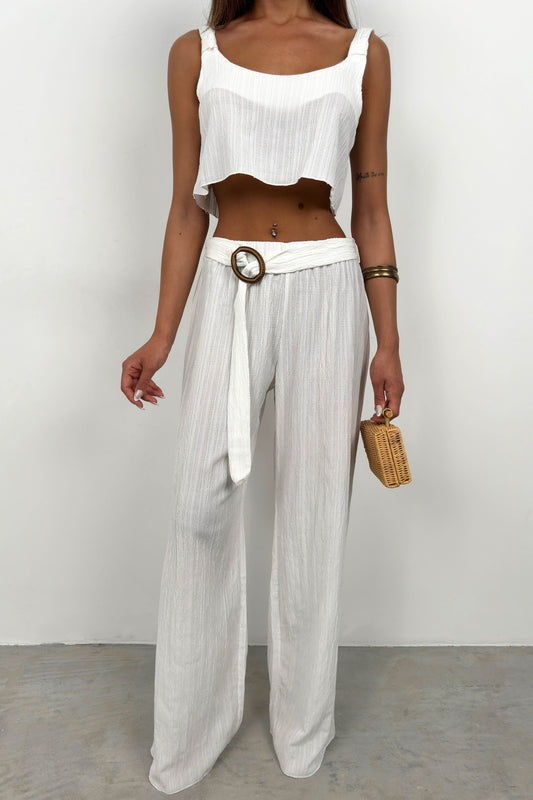 Crop Blouse Belted White Trouser Set 