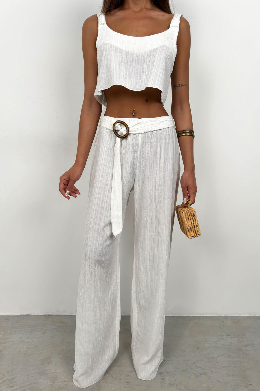 Crop Blouse Belted White Trouser Set 