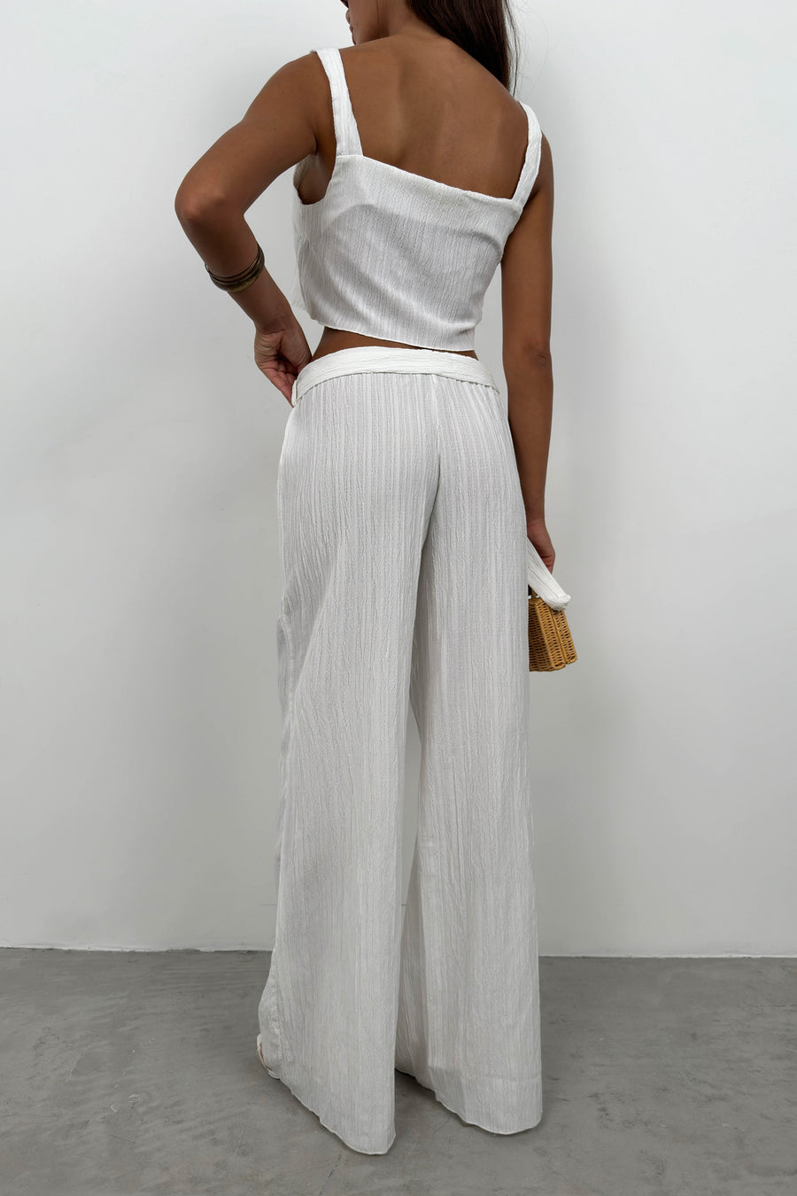 Crop Blouse Belted White Trouser Set 