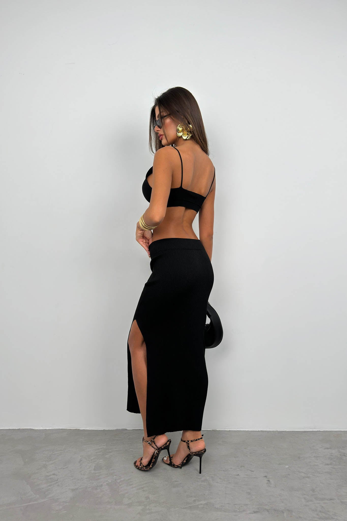 Black Crop Bustier Slit Skirt Set 